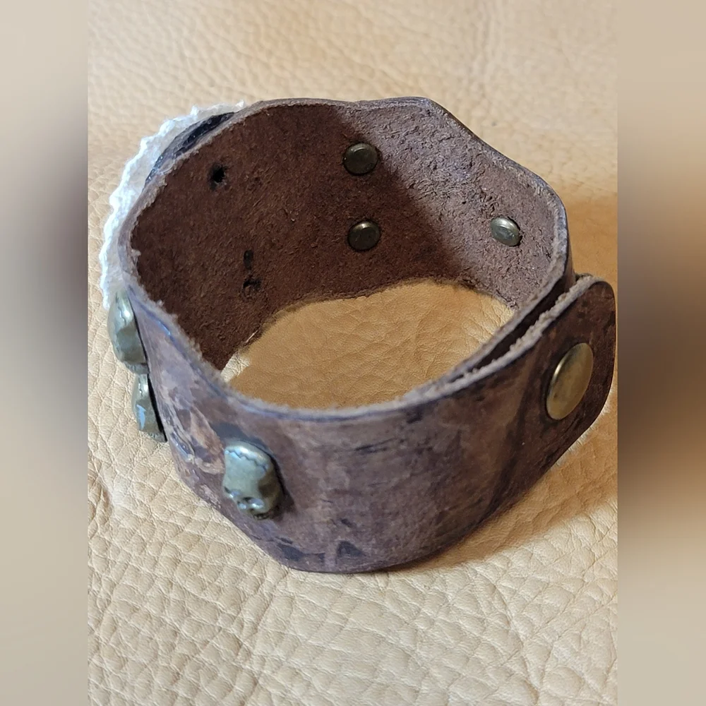 Leather & Lace Cuff Bracelet With Skulls & Crystal Rhinestones Handmade - Picture 8 of 12
